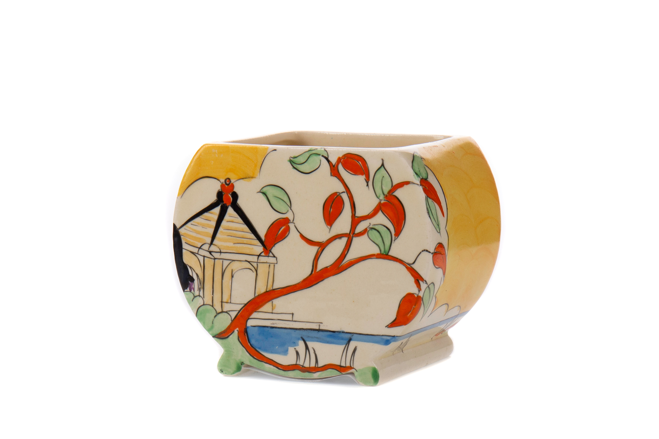 A CLARICE CLIFF 'YELLOW JAPAN' PATTERN SUGAR BOWL