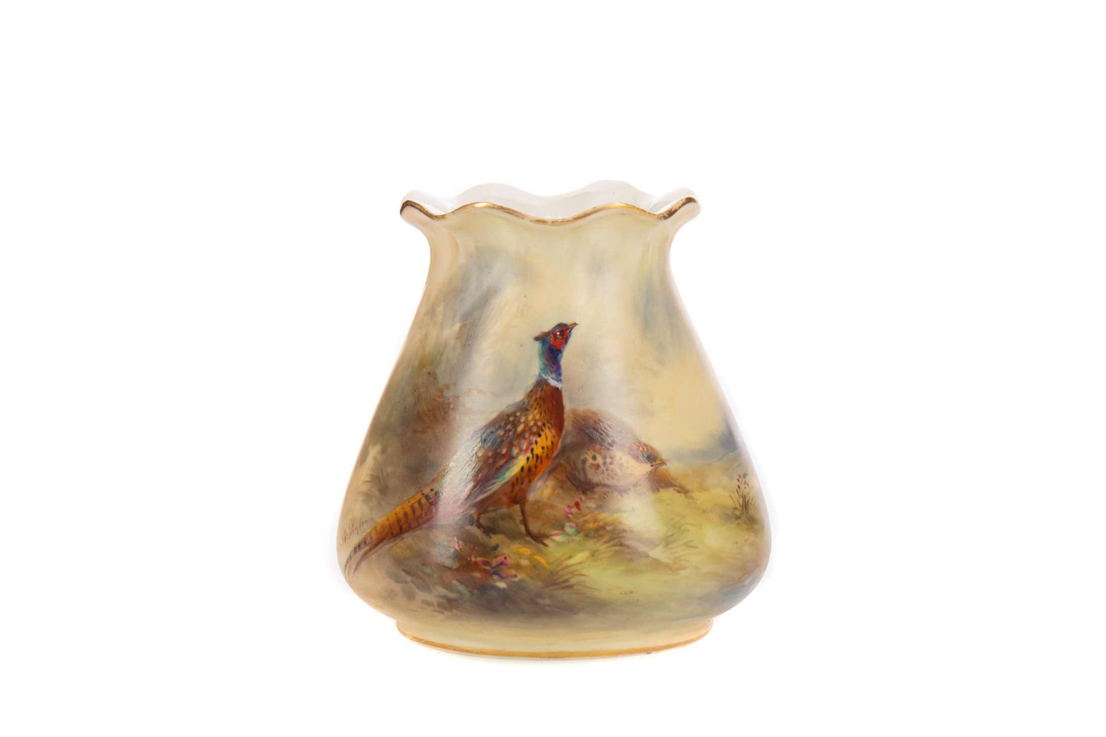 A SMALL ROYAL WORCESTER SQUAT TAPERED VASE BY JAMES STINTON