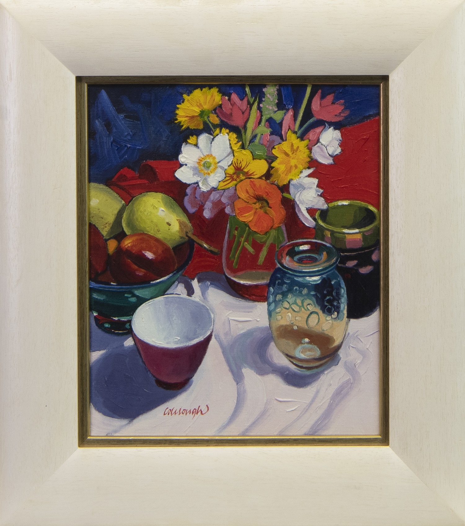 FRUIT, FLOWERS AND A SANDERS & WALLACE VASE, AN OIL BY FRANK COLCLOUGH