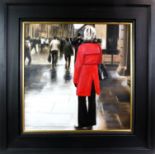 RED COAT IN THE CITY (GLASGOW), AN OIL BY GERARD BURNS