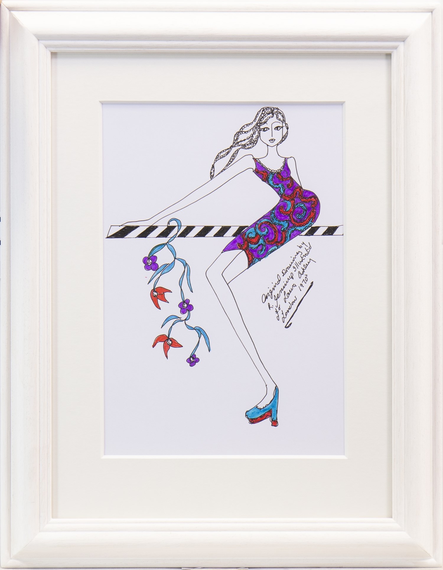 ORIGINAL ILLUSTRATION OF DESIGNS FOR LAURA ASHLEY, PEN ON CARD BY ROZ JENNINGS