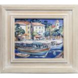 BOATS AT A CONTINENTAL HARBOUR, AN OIL BY CAROLINE LEBURN