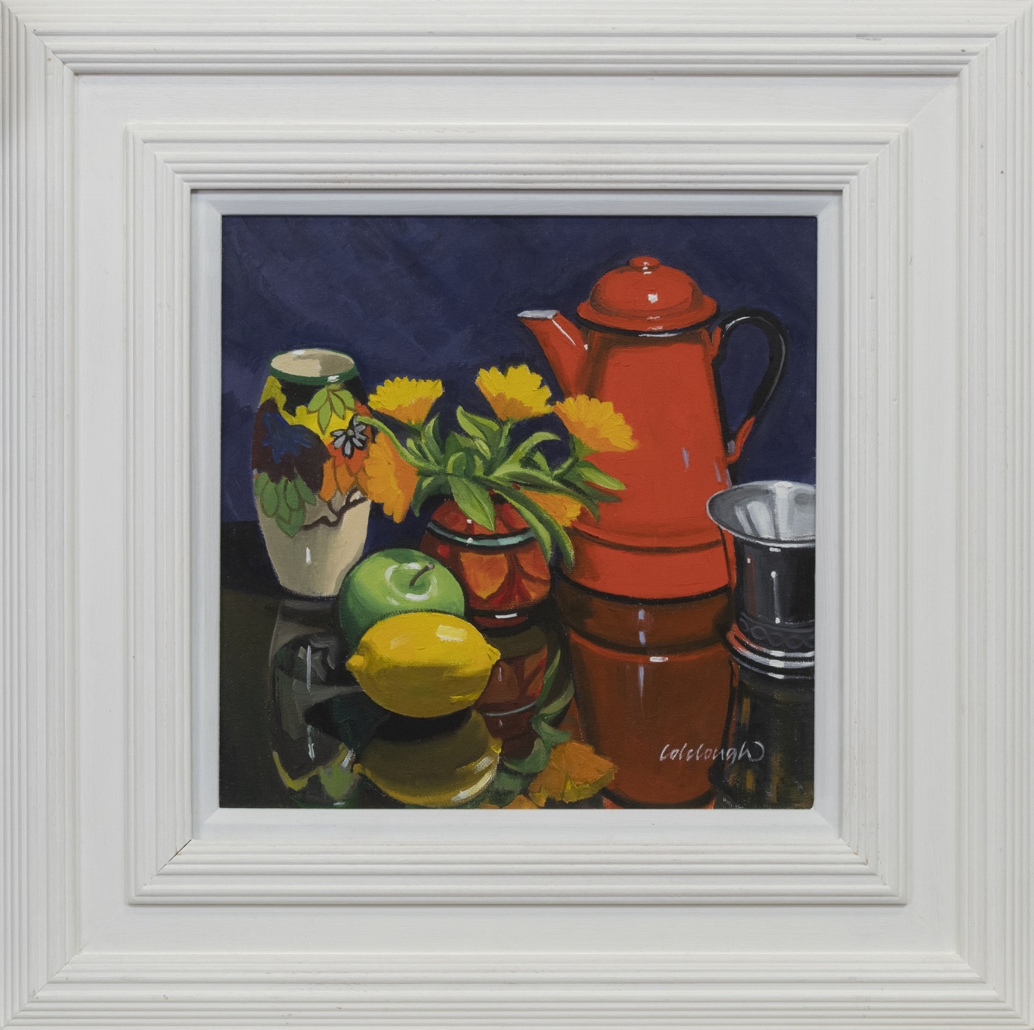 COFFEE POT STUDY WITH MARIGOLDS, AN OIL BY FRANK COLCOUGH