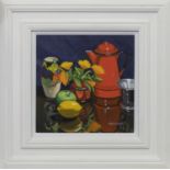 COFFEE POT STUDY WITH MARIGOLDS, AN OIL BY FRANK COLCOUGH