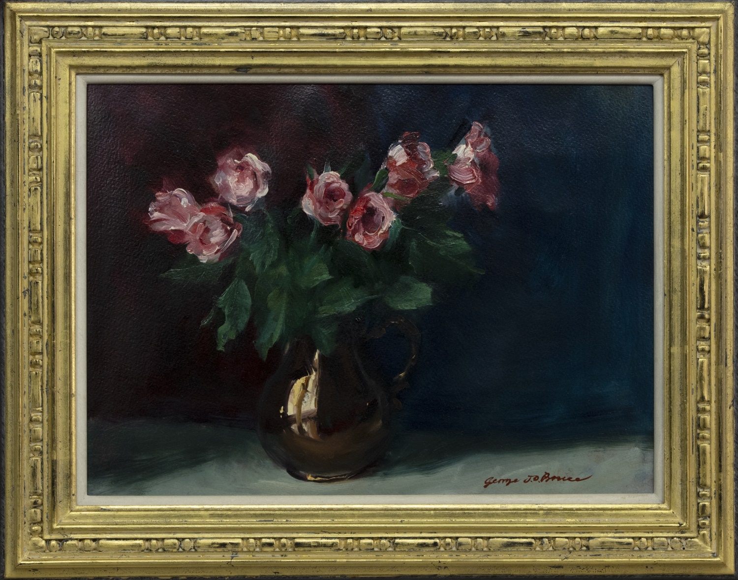 NO. 44, PINK ROSES IN LUSTRE, AN OIL BY GEORGE J D BRUCE