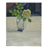 STILL LIFE OF A ROSE IN A GLASS, AN OIL BY KEN HOWARD