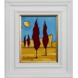 RED TREES IN PAIRS AND THE MOON, AN OIL BY IAIN CARBY