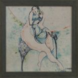 SEATED FEMALE FIGURE WITH CROSSED LEGS, A PAINTED CERAMIC TILE BY LORRAINE FERNIE