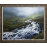HIGHLAND RIVER IN SPATE, ASSYNT, AN OIL BY JONATHAN SHEARER