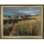 LANDSCAPE WITH RED SHED, AN OIL BY HAMISH MACDONALD