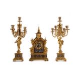 A GOOD LATE 19TH CENTURY ORMOLU CLOCK GARNITURE