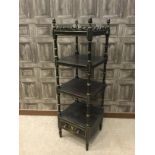 A VICTORIAN FOUR TIER EBONISED AND PAINTED WHATNOT