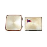 A SILVER AND GUILLOCHE ENAMEL SQUARE SHAPED COMPACT AND ANOTHER