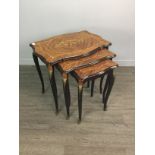 A NEST OF THREE FRENCH KINGWOOD AND MARQUETRY TABLES