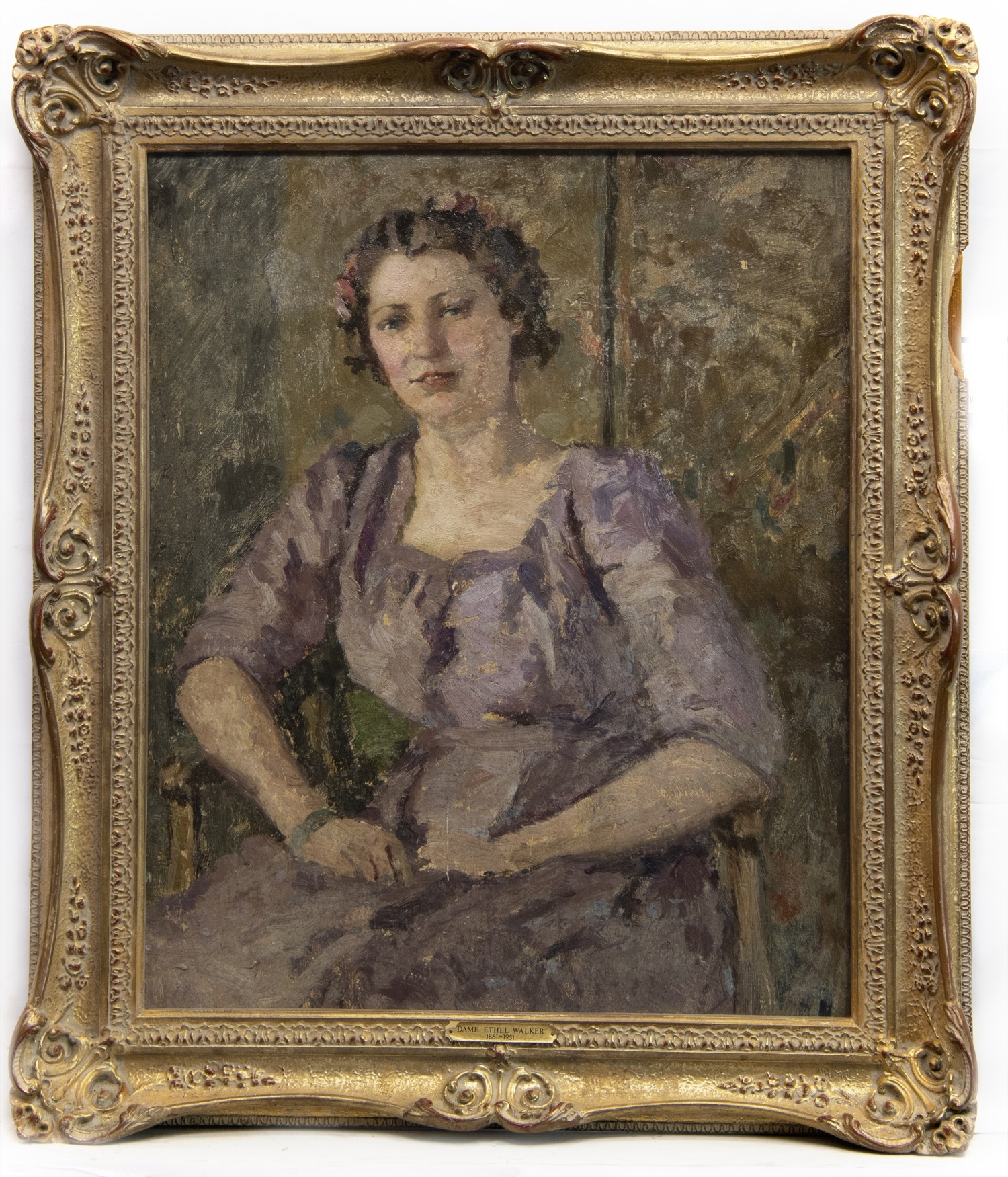 PORTRAIT OF A YOUNG LADY SEATED IN A LILAC DRESS, AN OIL BY DAME ETHEL WALKER