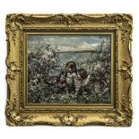 THREE YOUNG GIRLS AMONGST BLOSSOM, BRIGHOUSE BAY BEYOND, AN OIL BY EDWARD ATKINSON HORNEL