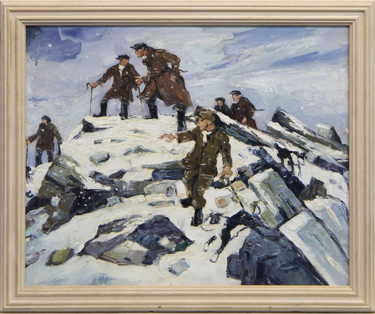FARMERS AND THEIR DOGS ON A HILL IN WINTER, AN OIL, FOLLOWER OF SIR KYFFIN WILLIAMS