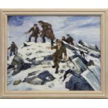 FARMERS AND THEIR DOGS ON A HILL IN WINTER, AN OIL, FOLLOWER OF SIR KYFFIN WILLIAMS