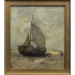 BEACHED SAILING BARGE, AN OIL BY EUGENE DEKKERT