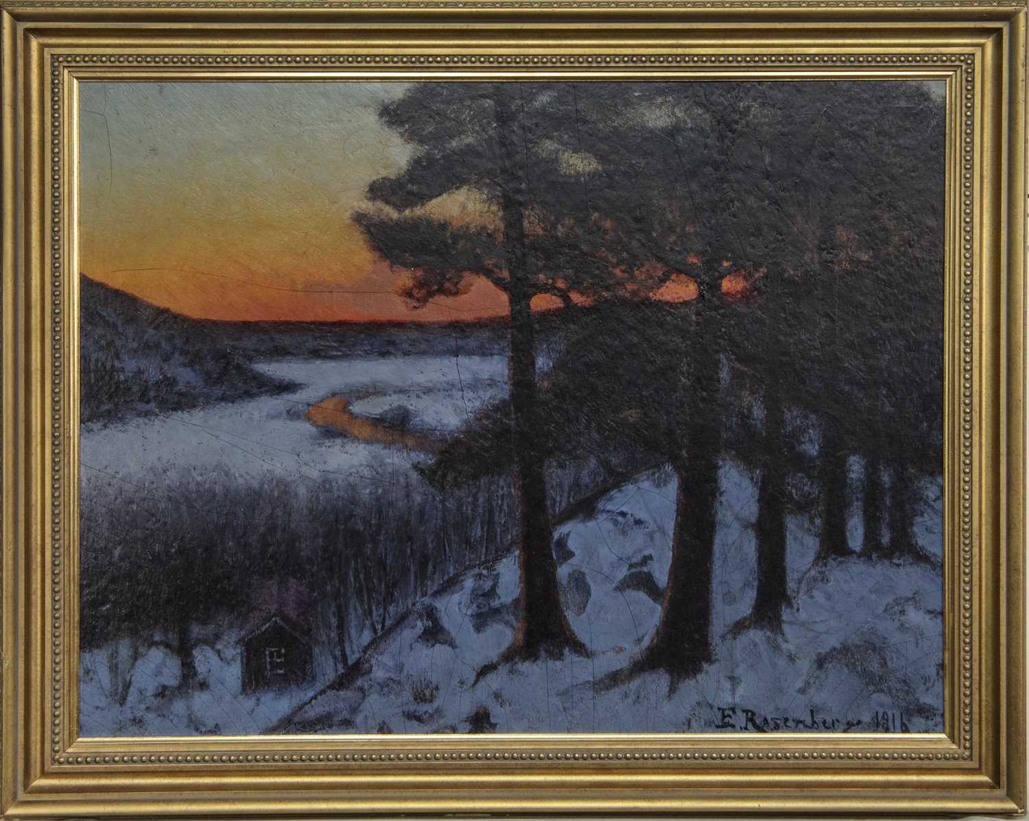 WINTER SUNSET, AN OIL BY EDVARD ROSENBERG