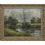 RIVER AND SHEEP IN SPRING, AN OIL BY EMILE VAN MARCKE