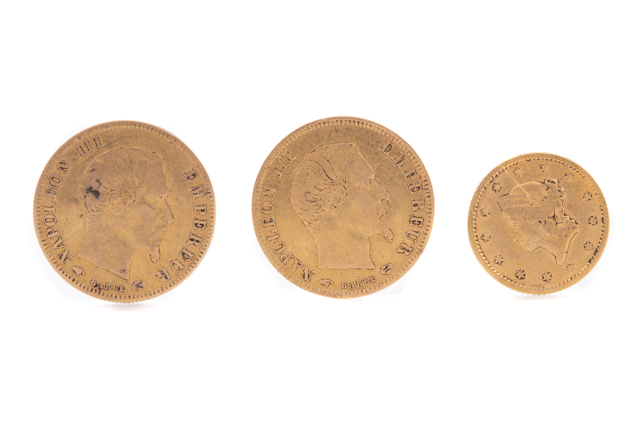 TWO NAPOLEON III FIVE FRANC COINS AND A GOLD ONE DOLLAR