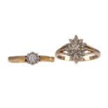 A DIAMOND CLUSTER RING AND A DIAMOND SOLITAIRE RING