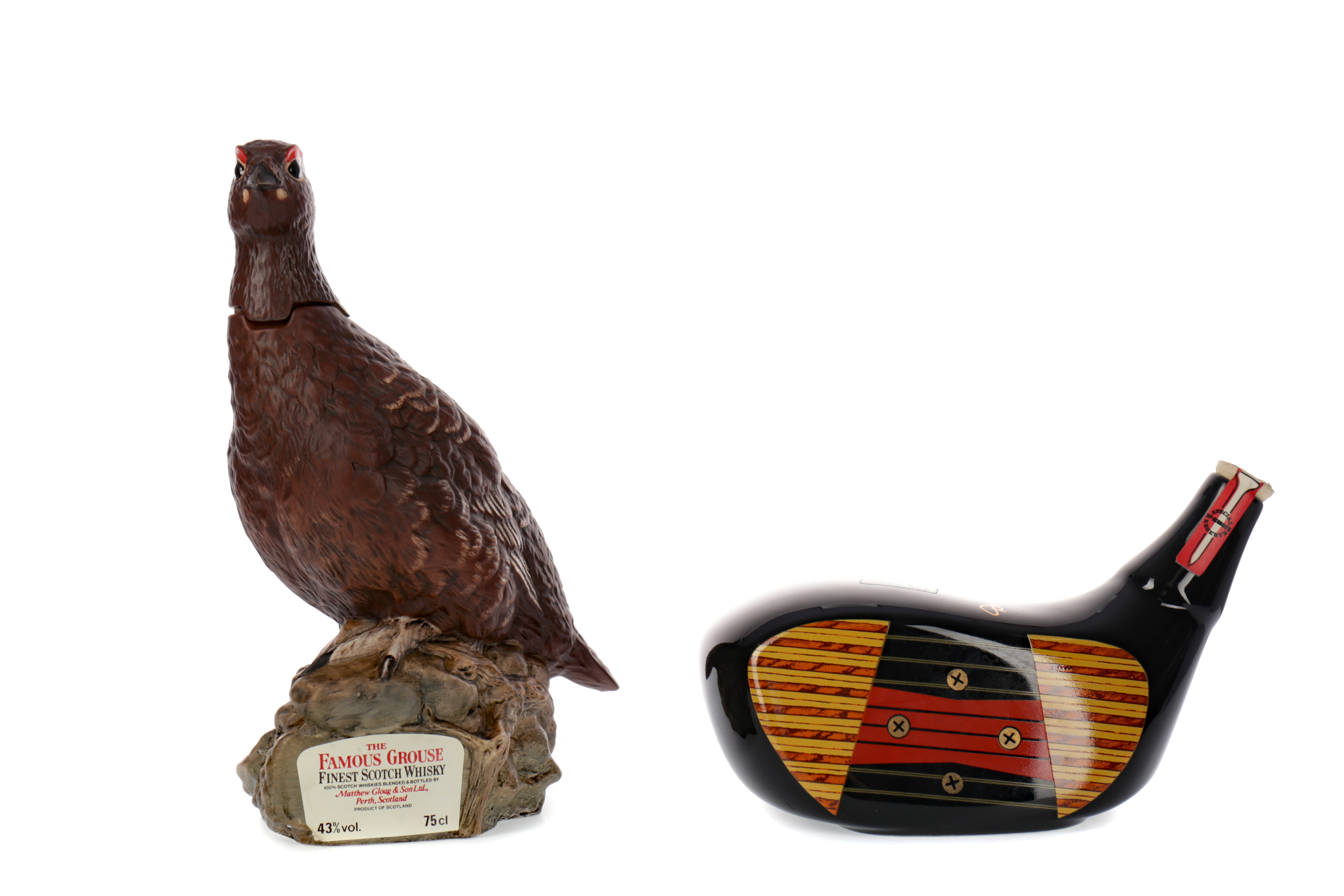 MCGIBBON'S DRIVER HEAD DECANTER AND FAMOUS GROUSE DECANTER