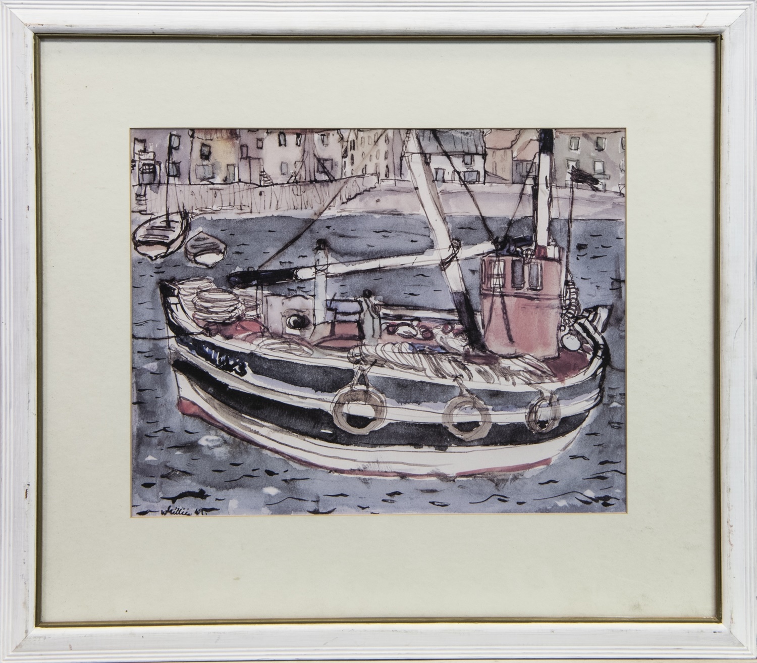 THE FISHING BOAT, A LITHOGRAPH BY SIR WILLIAM GILLIES