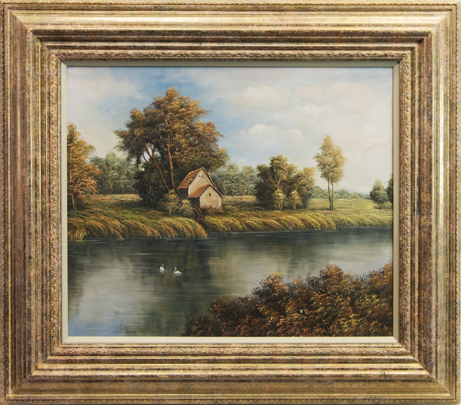 SWANS ON THE RIVER, AN OIL ON CANVAS