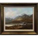 COTTAGE IN A HIGHLAND LANDSCAPE, AN OIL BY ALFRED ALLAN