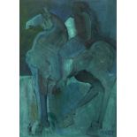 STUDY OF A HORSE AND RIDER, AN ACRYLIC BY GEOFFREY KEY