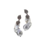 A PAIR OF BAROQUE PEARL AND DIAMOND EARRINGS