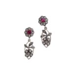 A PAIR OF RUBY, DIAMOND AND PEARL EARRINGS