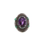 AN AMETHYST, EMERALD AND DIAMOND RING
