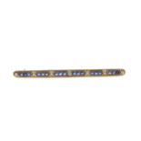 A SAPPHIRE AND PEARL BAR BROOCH