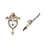 A GREEN GEM SET AND SEED PEARL HOLBEIN AND A BAR BROOCH