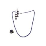 A SAPPHIRE NECKLACE AND RING ALONG WITH A PAIR OF IOLITE EARRINGS