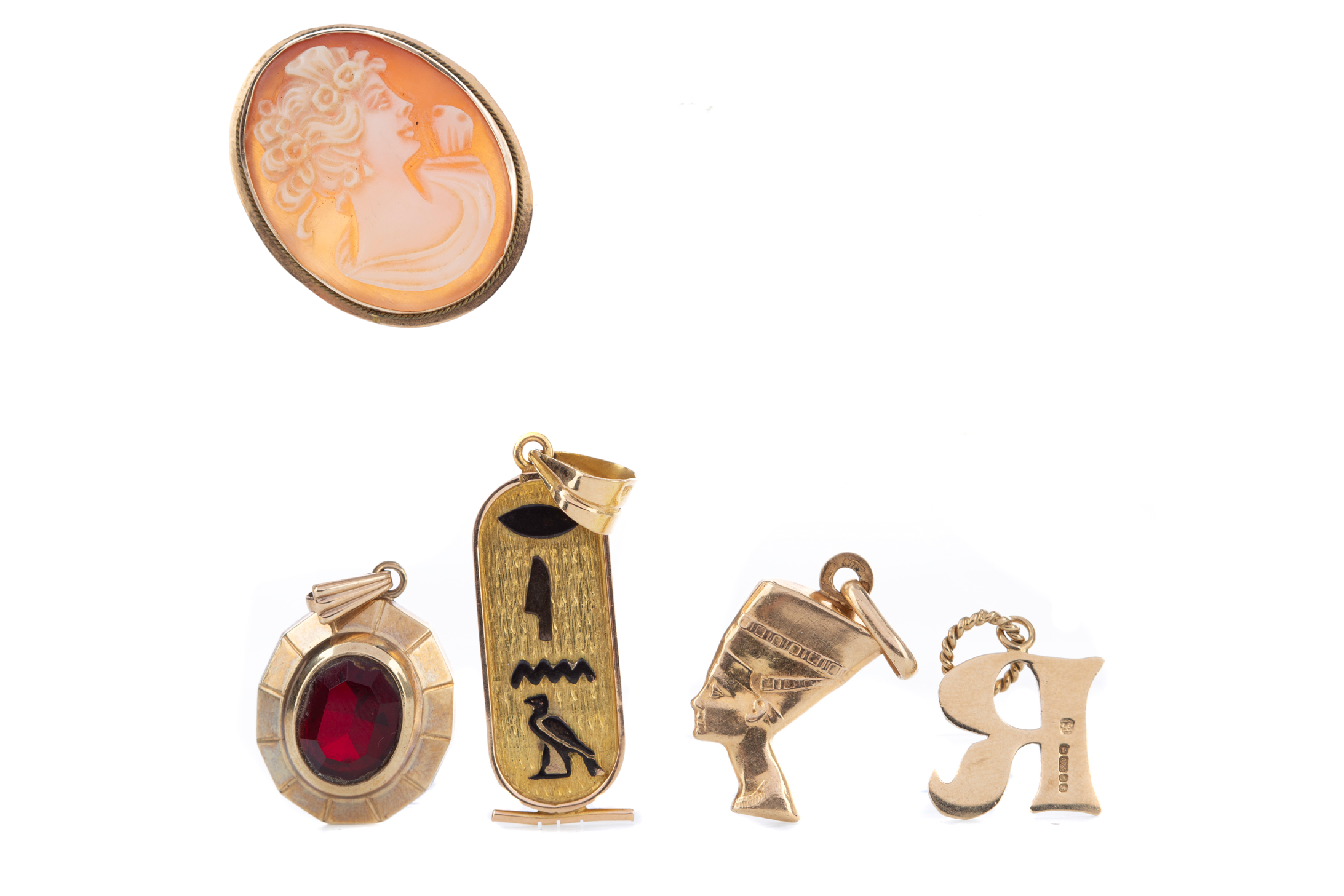 A COLLECTION OF PENDANTS AND A GOLD CASED WATCH