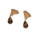A PAIR OF TIGERS EYE AND DIAMOND EARRINGS