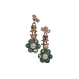 A PAIR OF PEARL AND EMERALD EARRINGS