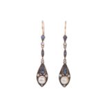 A PAIR OF PEARL, SAPPHIRE AND DIAMOND EARRINGS