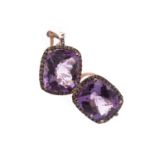 A PAIR OF AMETHYST AND DIAMOND EARRINGS