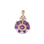 AN AMETHYST, DIAMOND AND MOTHER OF PEARL PENDANT