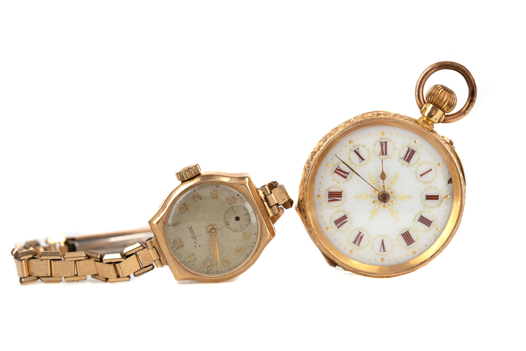 LADY'S EIGHTEEN CARAT GOLD FOB WATCH, the round white dial with red Roman hour markers within gold