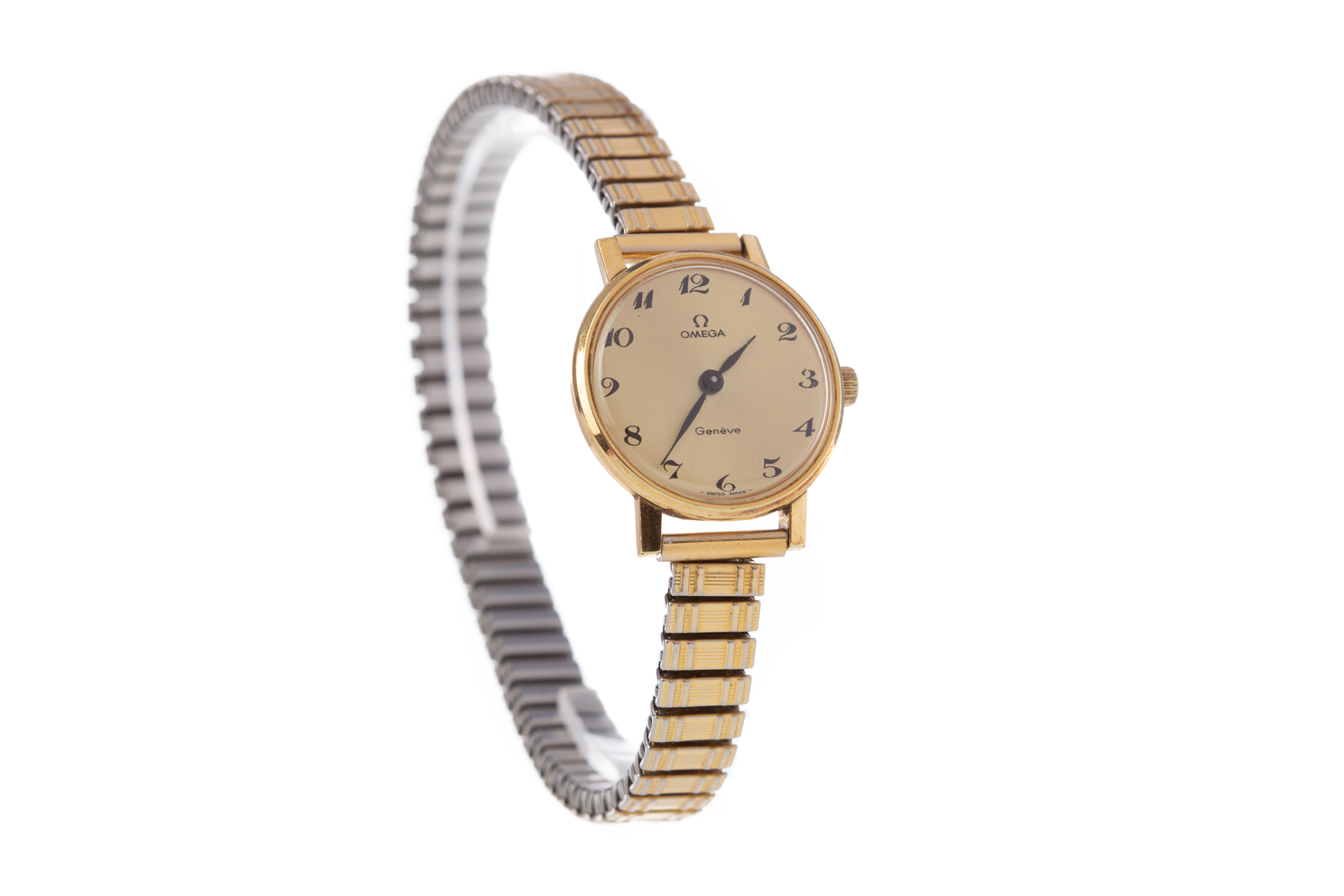 LADY'S OMEGA GOLD PLATED MANUAL WIND WRIST WATCH, the round gold coloured dial with Arabic hour