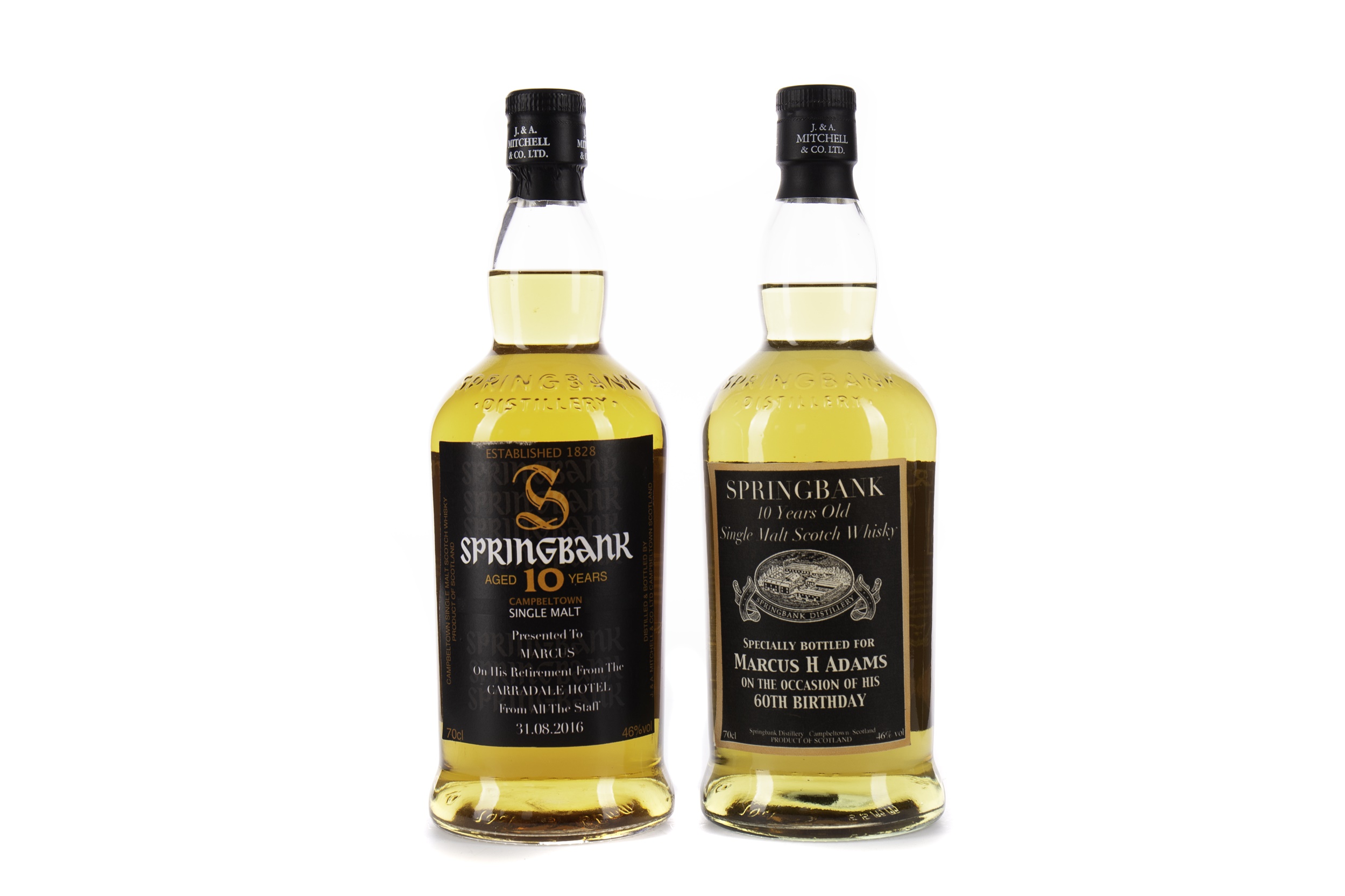 TWO SPRINGBANK 10 YEARS OLD PERSONALISED LABELS