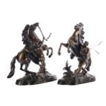 A PAIR OF VICTORIAN BRONZE MARLEY HORSES AFTER COUSTOU