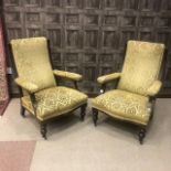 A PAIR OF VICTORIAN OAK FRAMED ARMCHAIRS