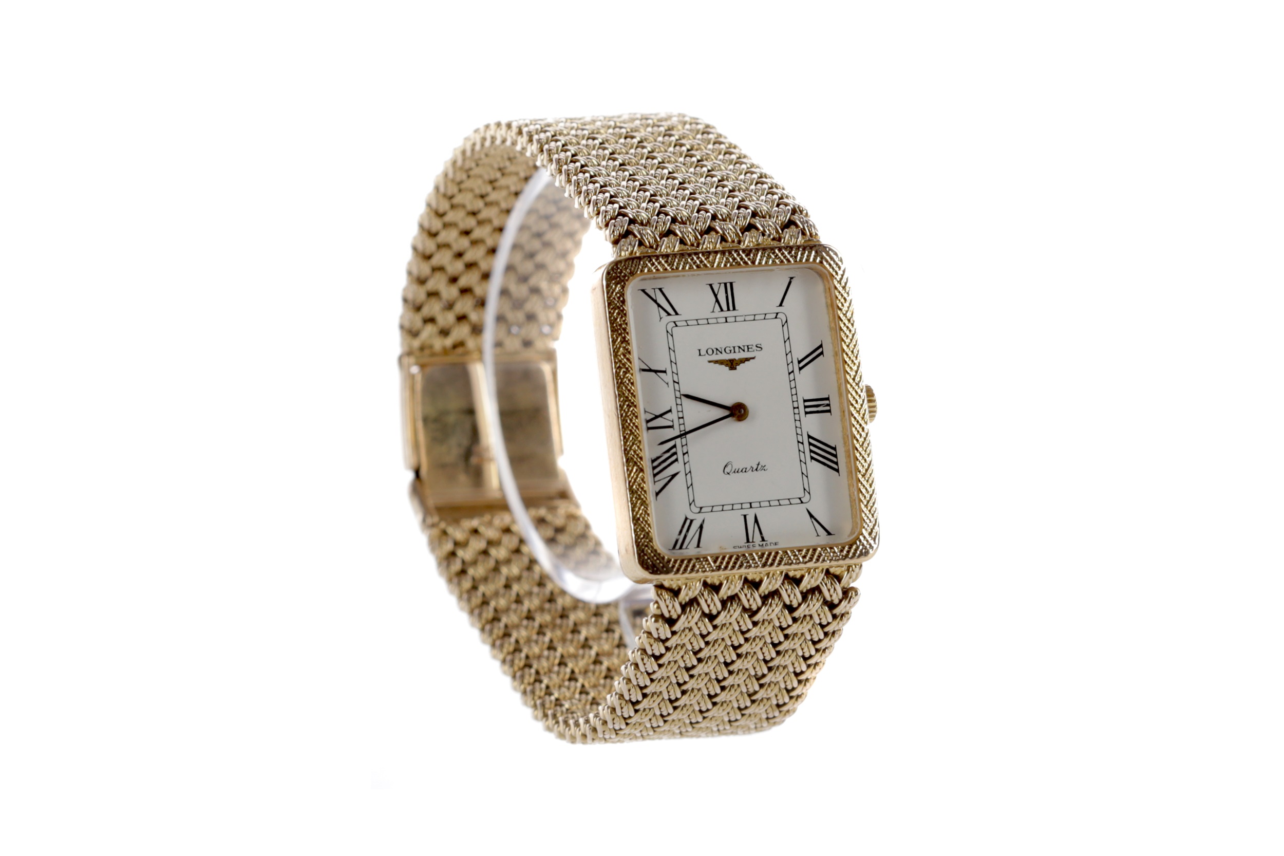 A NINE CARAT GOLD LONGINES QUARTZ WRIST WATCH